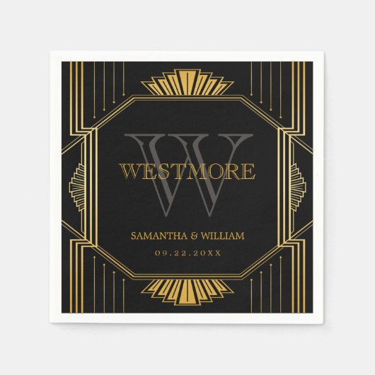  legant Art Deco Black Gold Wedding Servet (Voorkant)