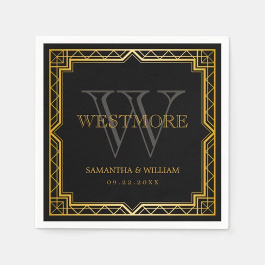  legant Art Deco Black Gold Wedding Servet (Voorkant)