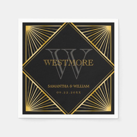 legant Art Deco Black Gold Wedding Servet (Voorkant)