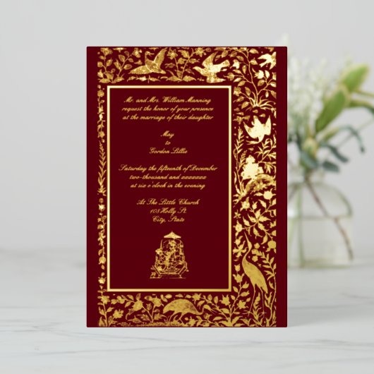  legant Indian Birds Border 1608 Wedding Folie Uitnodiging (Staand Voorkant)