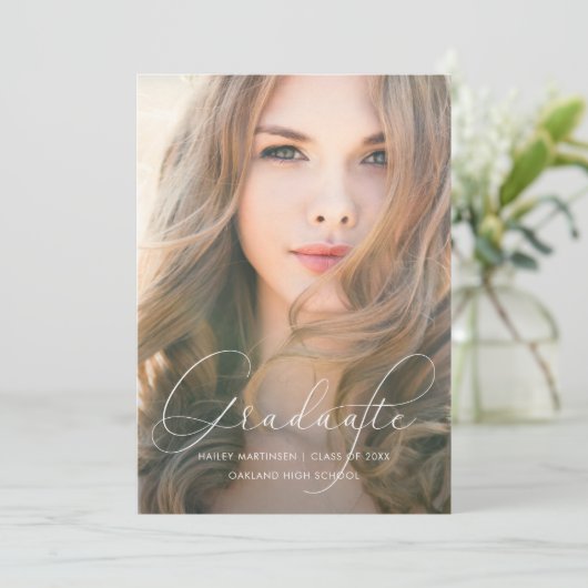 Legant Script Blush Photo Graduparty Kaart (Staand voorkant)