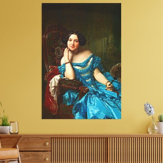  legante dame in blauwe groene dress canvas afdruk (Insitu (Woonkamer))