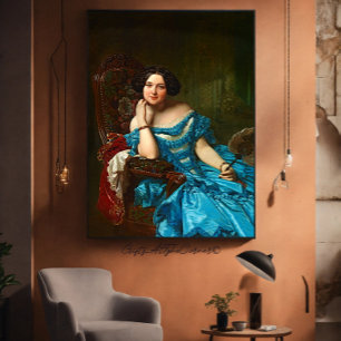 legante dame in blauwe groene dress canvas afdruk