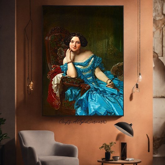 legante dame in blauwe groene dress canvas afdruk