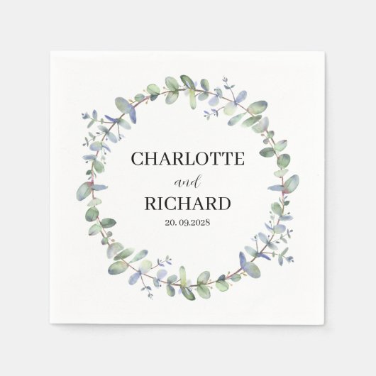 Legante Eucalyptus Krans Gepersonaliseerde bruilof Servet (Voorkant)