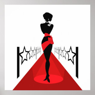 Legante vrouw silhouette op rood tapijt met sterre poster