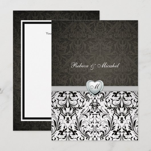 Lege Elegant Damask Monogram Wedding Invites Kaart (Voorkant / Achterkant)