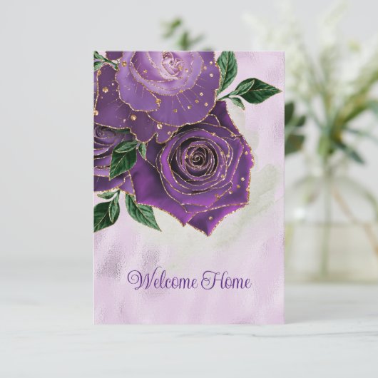 Lege glamoureuze gouden en Paarse Rozen Welkom thu Aankondiging (Staand voorkant)