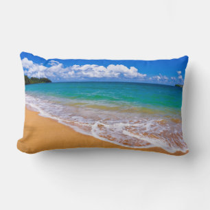 Lege strand en blauwe wateren kussen