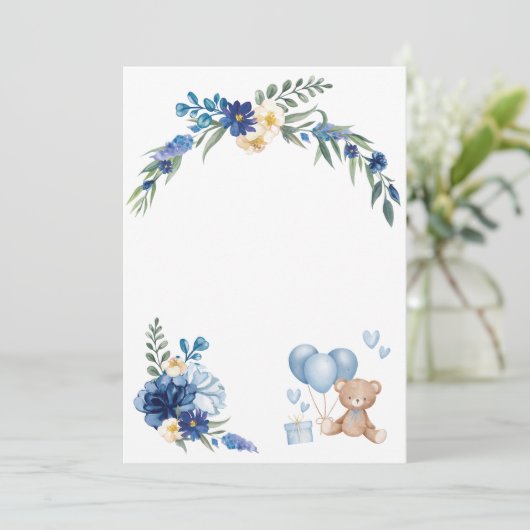 Lege waterverf bloem teddybeer blauwe ballon kaart (Staand voorkant)