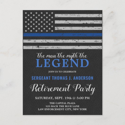Legend Police Retirement Party Thin Blue Line Flag Uitnodiging Briefkaart (Voorkant)