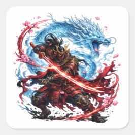 Legendaire Samurai & Blauwe Draak Mok | Japanse Oo Vierkante Sticker