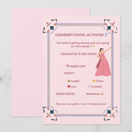 Legendarische Hen Night Uitnodiging – Leuke Roze B (Voorkant / Achterkant)