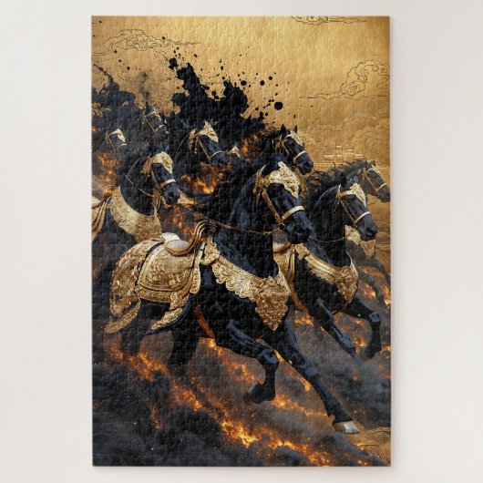 Legendary Gold Armored Horses of Fire Jigsaw Puzzl Legpuzzel (Verticaal)