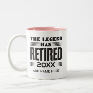 Legende over afscheidscadeau bij pensionering van tweekleurige koffiemok