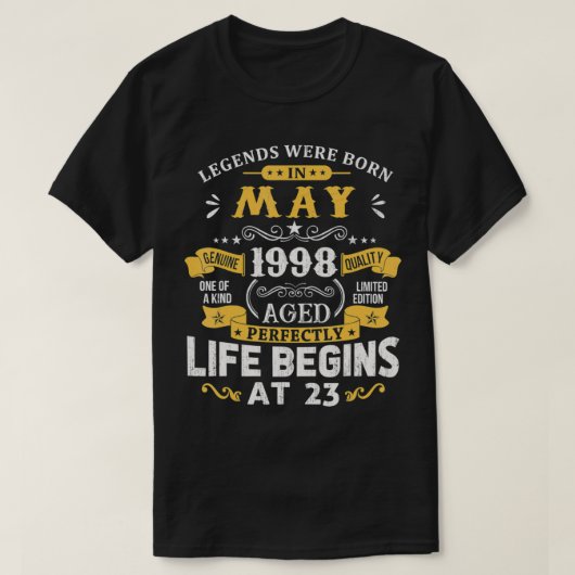 Legends Were Born In May 1998 23rd Birthday T-shirt (Design voorkant)