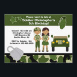 Leger Camouflage Soldaat Kids Birthday Party Kaart<br><div class="desc">Start het leger van je kleine soldaat meteen op met onze camouflage met de uitnodiging van de Birthday Party. Op onze uitnodiging van het leger staat een legertank die op een groene en beige camouflage-achtergrond is geplaatst met een kindsoldaat en kindsoldaat, een legertruck, een hondentag en een granaat. Ideaal voor...</div>
