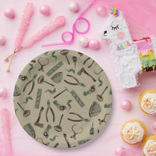 Leger Groene Waterverf Bouwgereedschap Papieren Bordje (Feest)