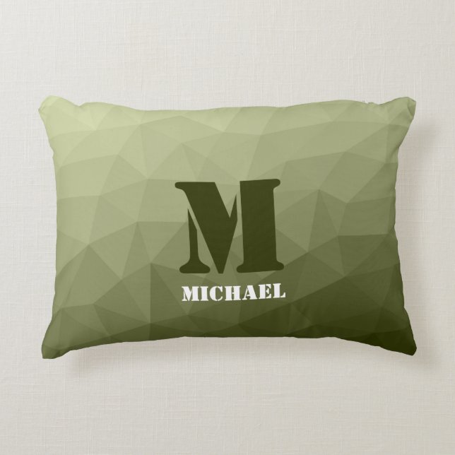 Leger lichtgroen geometrisch meshpatroon Monogram Accent Kussen (Voorkant)