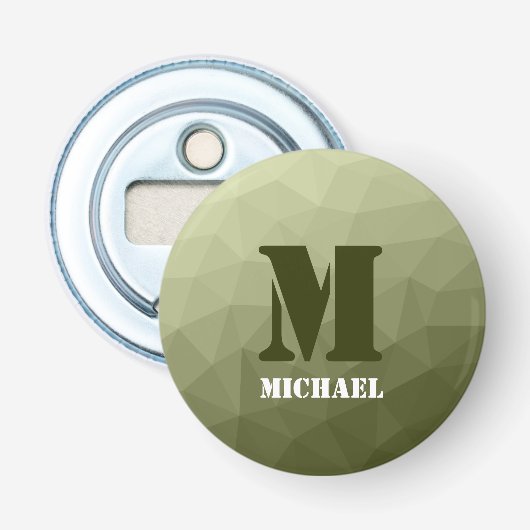 Leger lichtgroen geometrisch meshpatroon Monogram Button Flesopener (Voorkant)
