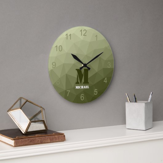Leger lichtgroen geometrisch meshpatroon Monogram Grote Klok (Kantoor)