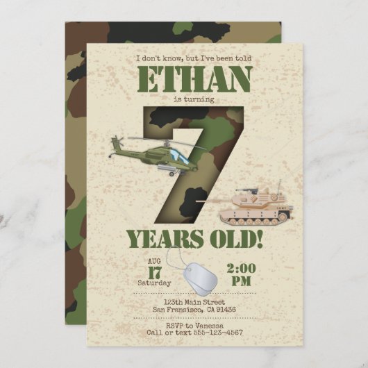 Leger Uitnodiging - 7e verjaardag Uitnodiging (Voorkant / Achterkant)