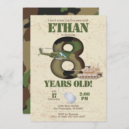 Leger Uitnodiging - 8e verjaardag Uitnodiging (Voorkant / Achterkant)