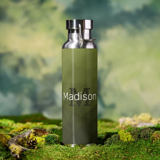 Legergroen donker geometrisch Mesh Patroon Monogra Waterfles (Buiten)