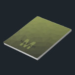 Legergroen geometrisch maaspatroon Monogram Notitieblok<br><div class="desc">Monogram Personaliseer notitieblok school kantoor briefpapier met uw aangepaste initiaal en naam. Driehoek geometrisch netwerk met licht donker leger groen ombre gradiënt.</div>
