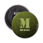 Legergroen olijf geometrisch maaspatroon Monogram Button Flesopener (Voorkant)