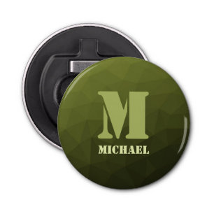 Legergroen olijf geometrisch maaspatroon Monogram Button Flesopener