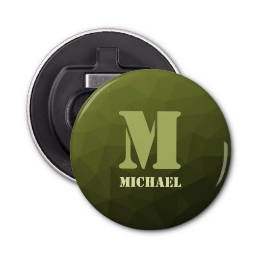 Legergroen olijf geometrisch maaspatroon Monogram Button Flesopener (Voorkant)