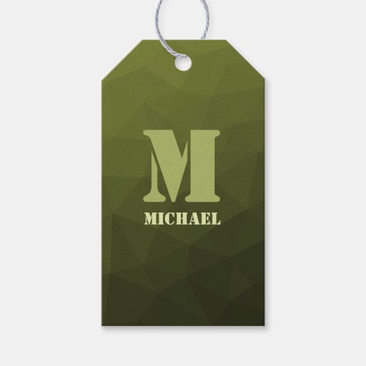 Legergroen olijf geometrisch maaspatroon Monogram Cadeaulabel (Voorkant)