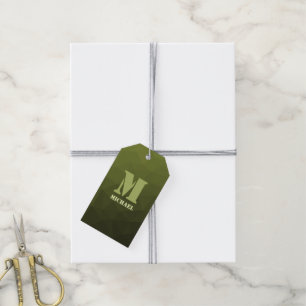 Legergroen olijf geometrisch maaspatroon Monogram Cadeaulabel