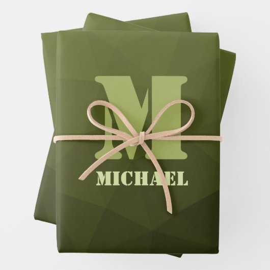 Legergroen olijf geometrisch maaspatroon Monogram Inpakpapier Vel (In situ)