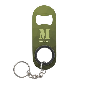 Legergroen olijf geometrisch maaspatroon Monogram Mini Flessenopener
