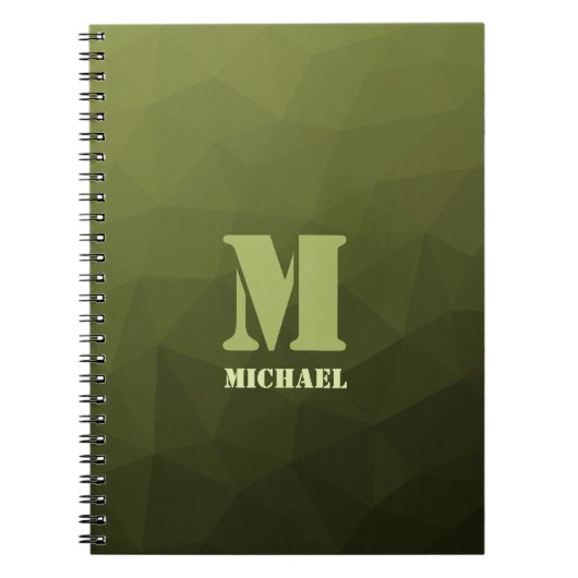 Legergroen olijf geometrisch maaspatroon Monogram Notitieboek (Voorkant)