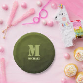 Legergroen olijf geometrisch maaspatroon Monogram Papieren Bordje (Feest)