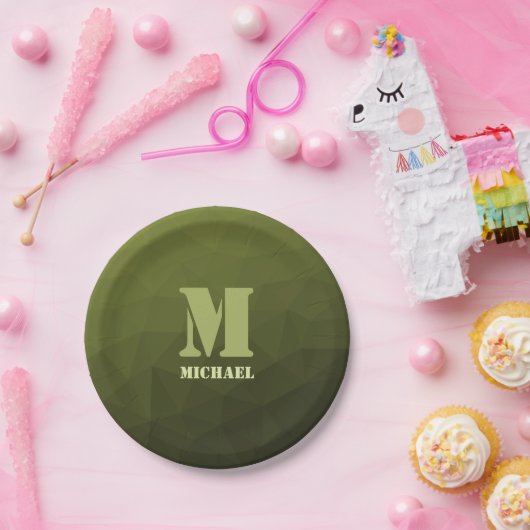 Legergroen olijf geometrisch maaspatroon Monogram Papieren Bordje (Feest)