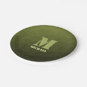 Legergroen olijf geometrisch maaspatroon Monogram Papieren Bordje (Gekanteld)