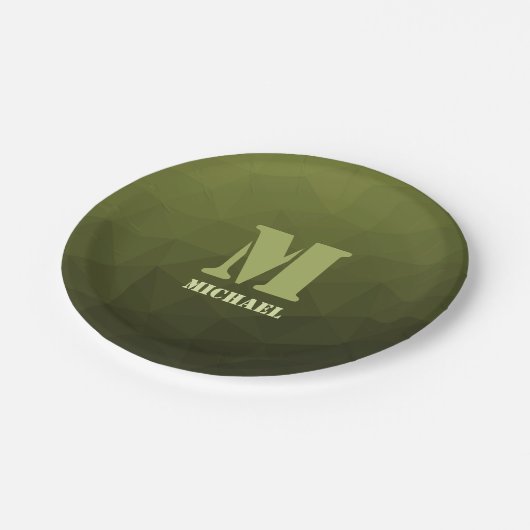 Legergroen olijf geometrisch maaspatroon Monogram Papieren Bordje (Gekanteld)