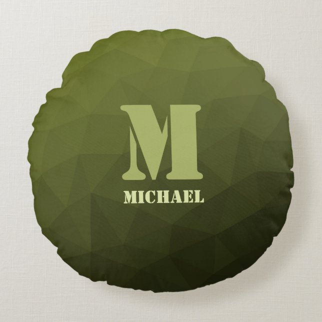 Legergroen olijf geometrisch maaspatroon Monogram Rond Kussen (Voorkant)