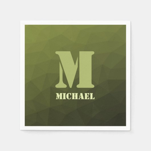 Legergroen olijf geometrisch maaspatroon Monogram Servet (Voorkant)