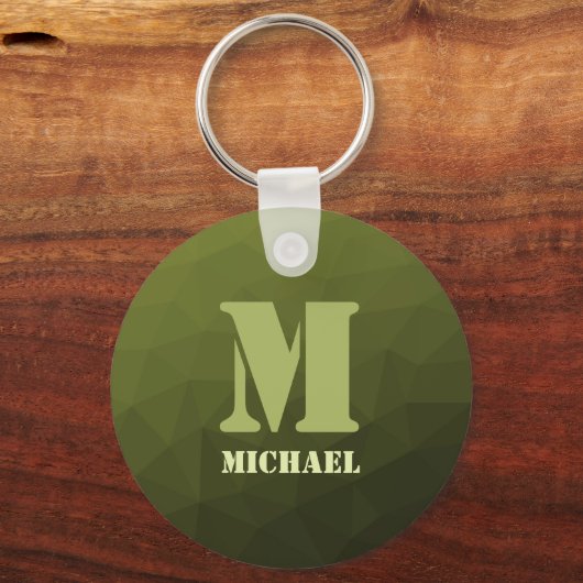 Legergroen olijf geometrisch maaspatroon Monogram Sleutelhanger (Voorkant)