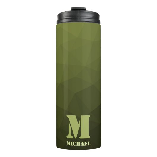 Legergroen olijf geometrisch maaspatroon Monogram Thermosbeker (Voorkant)