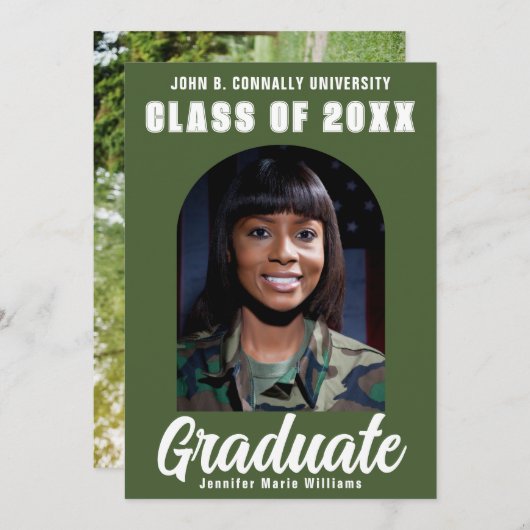 Legergroene afstudeerfoto Moderne boog Afstuderen Aankondiging (Voorkant / Achterkant)