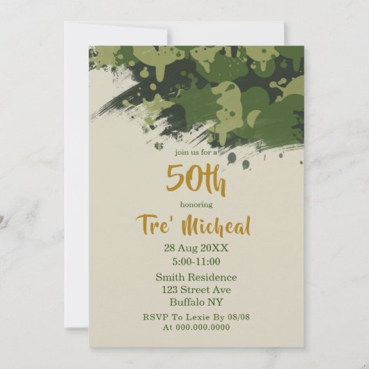 Legergroene Camouflage 50e verjaardag Uitnodiginge (Voorkant)