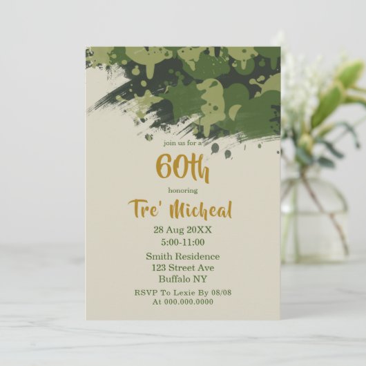 Legergroene Camouflage 60e verjaardag Uitnodiginge (Staand voorkant)