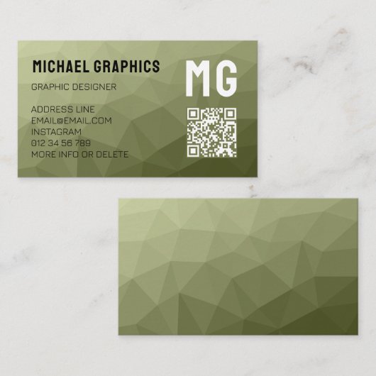 Legergroene geometrische mesh-patroon QR-code  Visitekaartje (Voorkant / Achterkant)