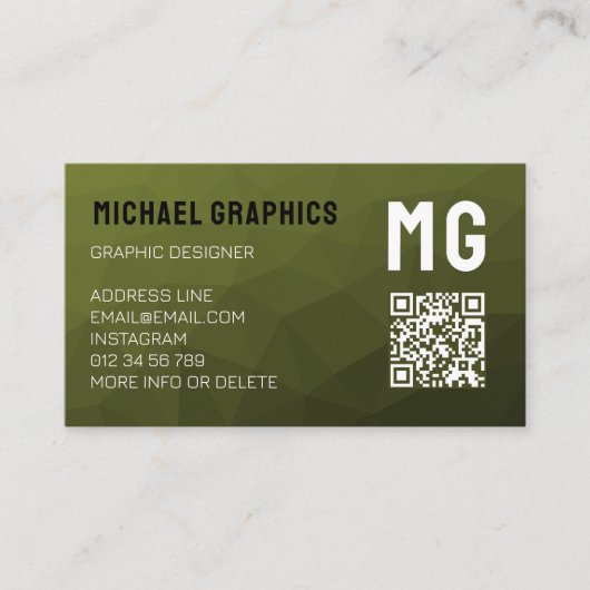 Legergroene geometrische meshpatroon QR-code  Visitekaartje (Voorkant)